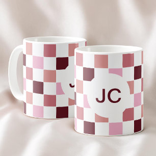 Monogram Geruit Roze Bourgondië Modern Eenvoudig Koffiemok