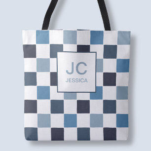 Monogram Geruite Blauwe Moderne Eenvoudige Initiaa Draagtas
