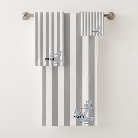 Monogram gestript patroon met schattig Anchor grij Bad Handdoek (Insitu)