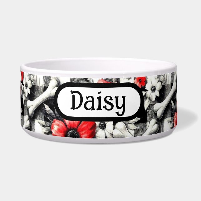 Monogram Gingham geruit zwart wit rood bloem Voerbakje (Voorkant)