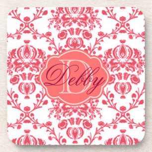 Monogram Girly Pink en White Damask Drankjes Onderzetter
