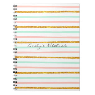 Monogram Girly Pink Gold Glitter Stripe Patroon Notitieboek
