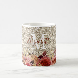 Monogram Girly Roos Gold Floral Light Glitter Koffiemok