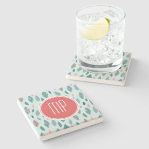 Monogram Girly Whimsical Leaves Pattern Stenen Onderzetter