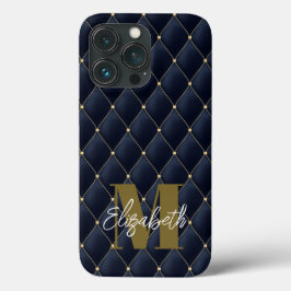 Monogram Glamoureus Gold Navy Quilted Pattern iPhone 13 Pro Hoesje