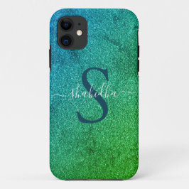 monogram glazige blauwe en groene glitter iPhone 11 hoesje