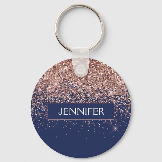 Monogram Glitter Blush Pink Rose Gold Navy Blue Sleutelhanger (Voorkant)