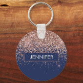 Monogram Glitter Blush Pink Rose Gold Navy Blue Sleutelhanger (Voorkant)