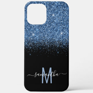 Monogram Glitter Vervagende Calligrafie Naam Blau iPhone 12 Pro Max Hoesje
