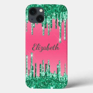 Monogram Glitterdruppels Roze Groen Trendy iPhone 13 Hoesje