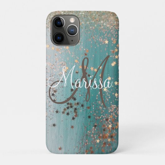Monogram Glitterij Sterren op Blauwgroen Gepersona Case-Mate iPhone Case (Achterkant)