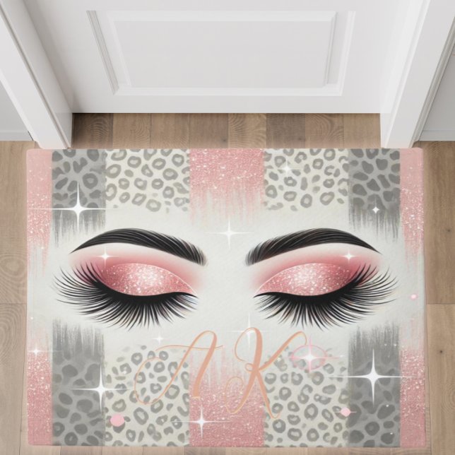 Monogram glitterwimpers deurmat (Glam pink glitter lashes doormat — personalized bachelorette gift for bride or beauty lover)