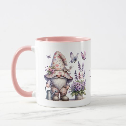 Monogram Gnome Paarse Roze Bloemen Vlinders Mok (Links)