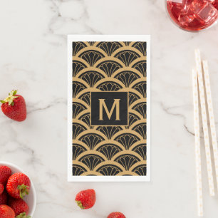 Monogram Gold Black Art Deco Fan Flower Pattern Servet