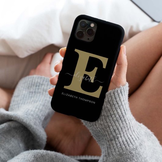 Monogram Gold Black Gepersonaliseerd Script Name Case-Mate iPhone Case