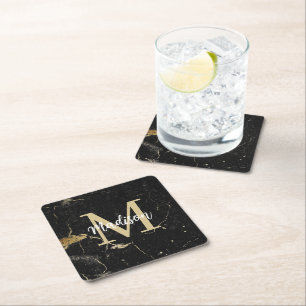 Monogram Gold Black Marmer Vierkante Kartonnen Onderzetter
