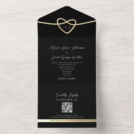 Monogram Gold Black Wedding All-in-One Uitnodiging (Binnen)