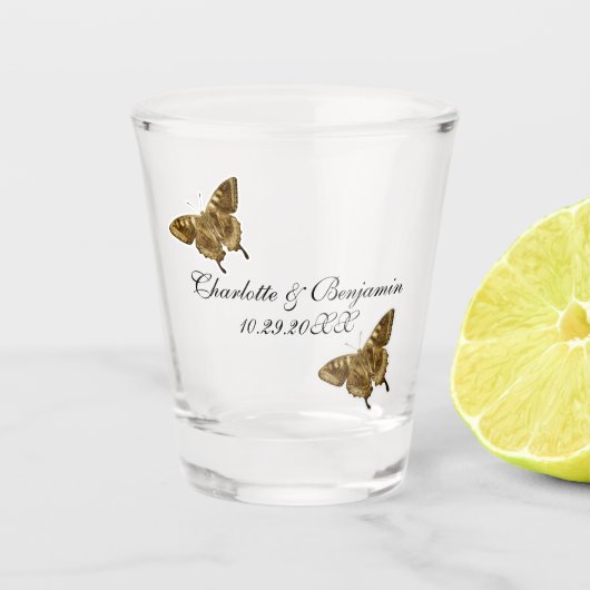 Monogram Gold Butterfly Wedding Favors Shot Glas (Voorkant)