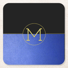 Monogram Gold Cirkel Blauw Faux Leder & Zwart Vierkante Kartonnen Onderzetter