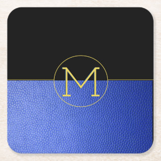 Monogram Gold Cirkel Blauw Faux Leder & Zwart Vierkante Kartonnen Onderzetter