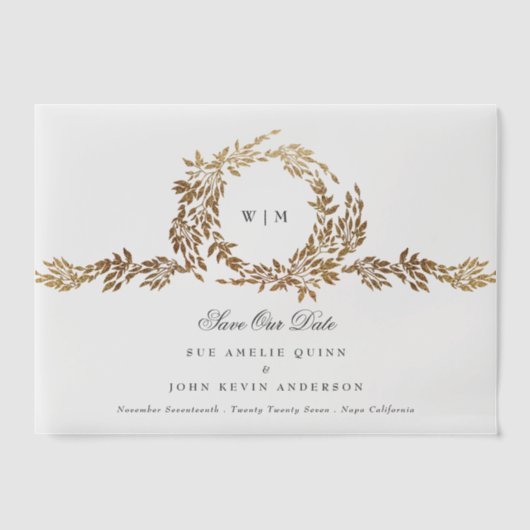 Monogram Gold Crest Classic Bewaar de datum Vellum Uitnodigingen (Voorkant)