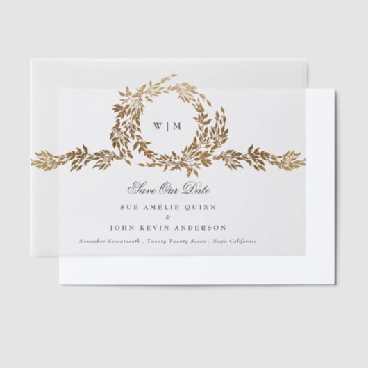 Monogram Gold Crest Classic Bewaar de datum Vellum Uitnodigingen (Offset)