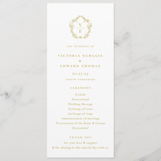  Monogram Gold Crest Wedding Programma (Voorkant)
