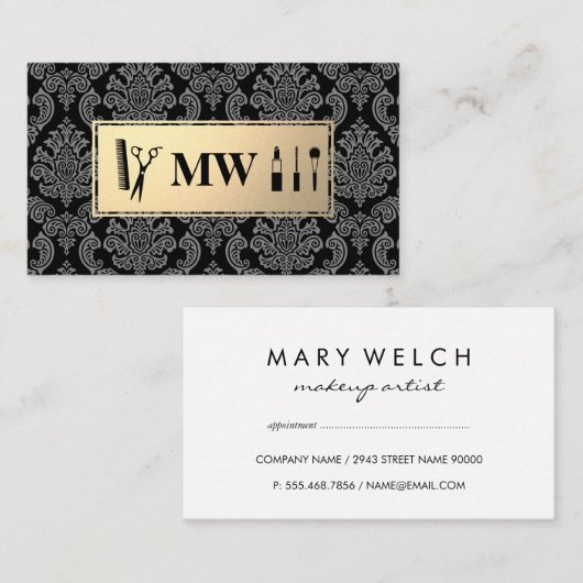 Monogram Gold Damask Pattern Afsprakenkaartje (Voorkant / Achterkant)