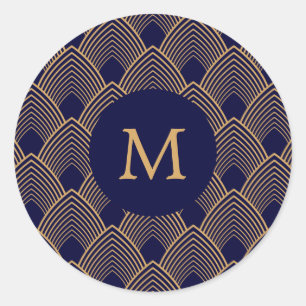 Monogram Gold en Blue Art Deco Pattern Ronde Sticker