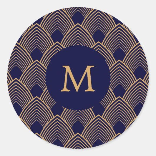 Monogram Gold en Blue Art Deco Pattern Ronde Sticker (Voorkant)