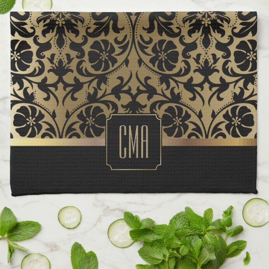 Monogram Gold en Floral Damask Pattern Kitchen Tow Theedoek (Gevouwen)