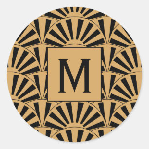 Monogram Gold en zwarte kunst Deco Fan Flowers Mot Ronde Sticker