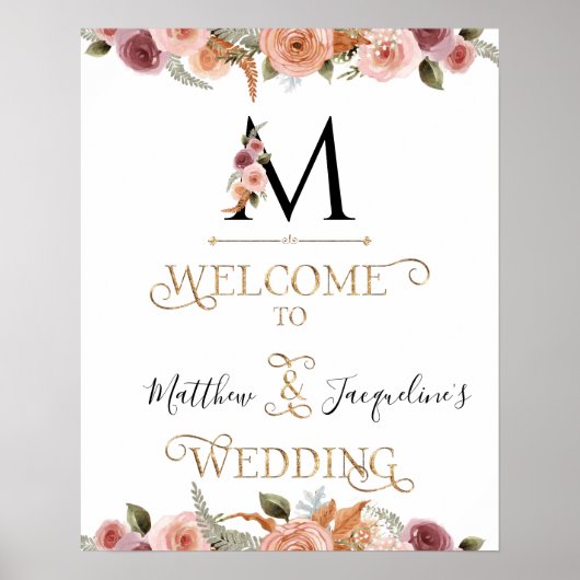 Monogram Gold Floral Calligraphy Welcome Wedding Poster (Voorkant)