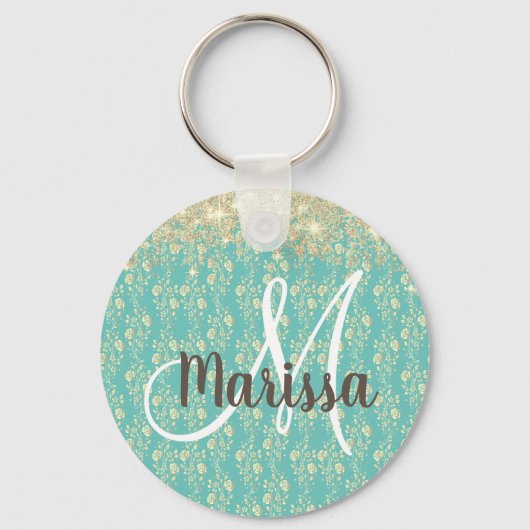 Monogram Gold Floral op groen Sleutelhanger (Voorkant)