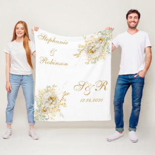 Monogram Gold Floral Wedding Gift Fleece Deken