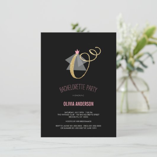 Monogram Gold Glitter Bachelorette Party Invite Kaart (Staand voorkant)