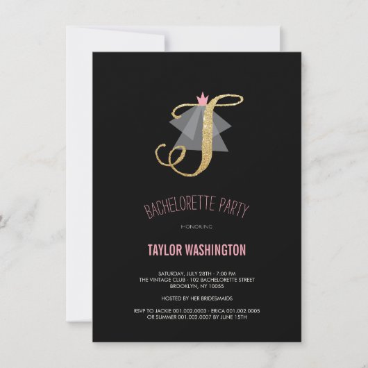 Monogram Gold Glitter Bachelorette Party Invite Kaart (Voorkant)