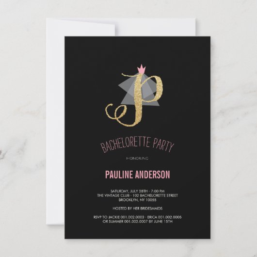 Monogram Gold Glitter Bachelorette Party Invite Kaart (Voorkant)