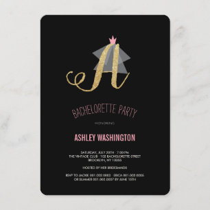 Monogram Gold Glitter Bachelorette Party Invite Kaart