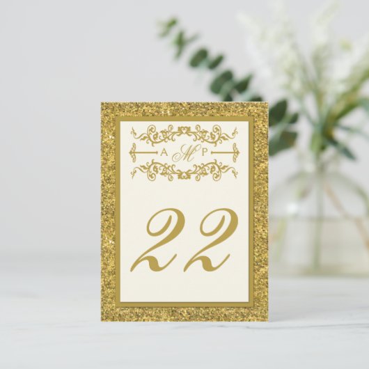 Monogram Gold Glitter LOOK Table Number Card Briefkaart (Staand voorkant)