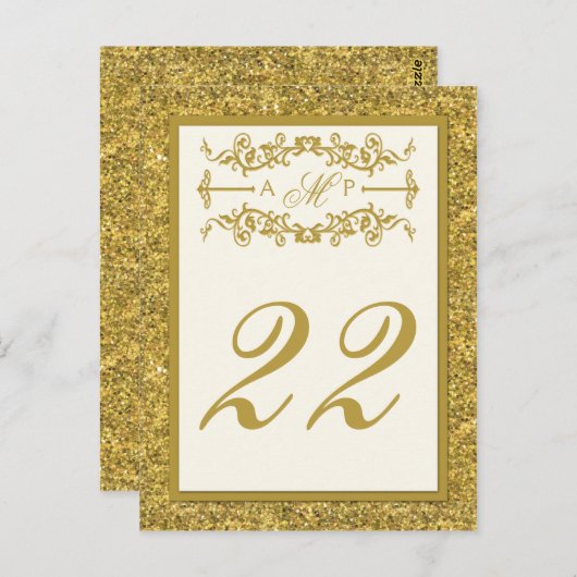 Monogram Gold Glitter LOOK Table Number Card Briefkaart (Voorkant / Achterkant)