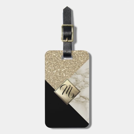 Monogram Gold Glitter, zwart en marmer Bagagelabel (Voorkant verticaal)
