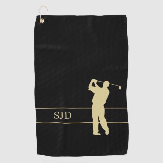 Monogram Gold Golfer on Black Golfhanddoek (Voorkant)