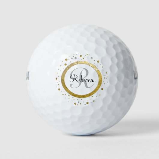 Monogram Gold Leaf Print Silver Confetti Golfballen (Voorkant)