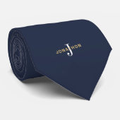 Monogram Gold Name White Initiaal Masculine Navy Stropdas (Opgerold)