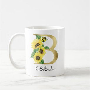 Monogram Gold Sunflower Girly Floral Initiaal B Koffiemok
