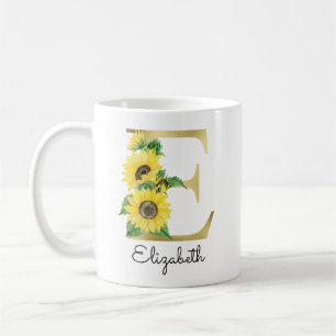 Monogram Gold Sunflower Girly Floral Initiaal E Koffiemok