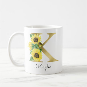 Monogram Gold Sunflower Girly Floral Initiaal K Koffiemok