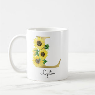 Monogram Gold Sunflower Girly Floral Initiaal L Koffiemok