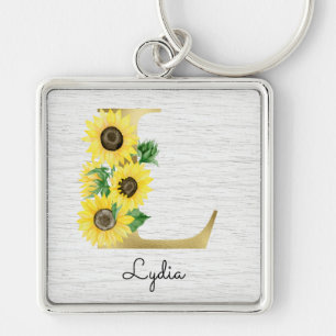 Monogram Gold Sunflower Girly Floral Initiaal L Sleutelhanger